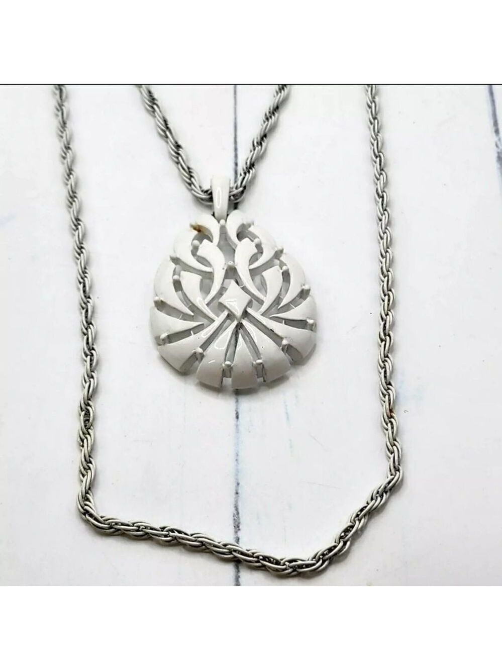 Trifari White Necklace Enamel Double Chain 30"